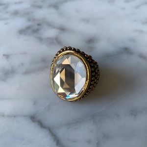 Statement Cocktail Ring, Clear Oversized Gem and Antique Gold Tone, Size 7